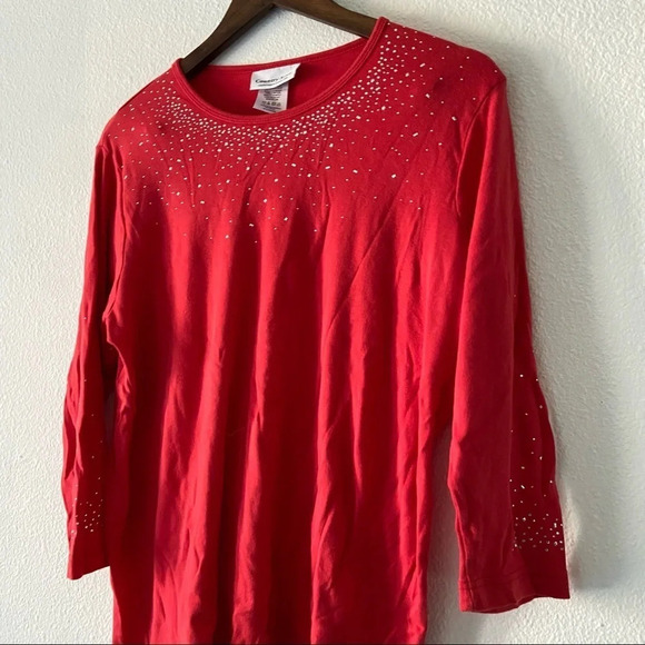 100% Cotton Embellished Top Crewneck Red 3/4 Sleeve Shirt Size XL Holiday Fall - Picture 2 of 8